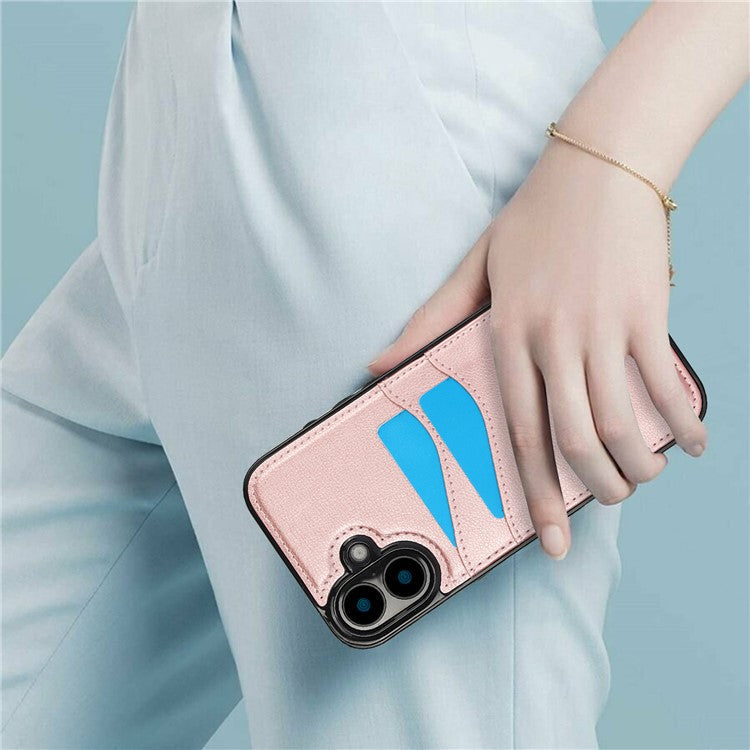 For iPhone 16 Case Card Slot Slim-Fit PU+TPU Mobile Cover - Rose Gold