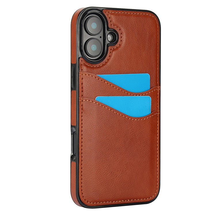 For iPhone 16 Case Card Slot Slim-Fit PU+TPU Mobile Cover - Brown