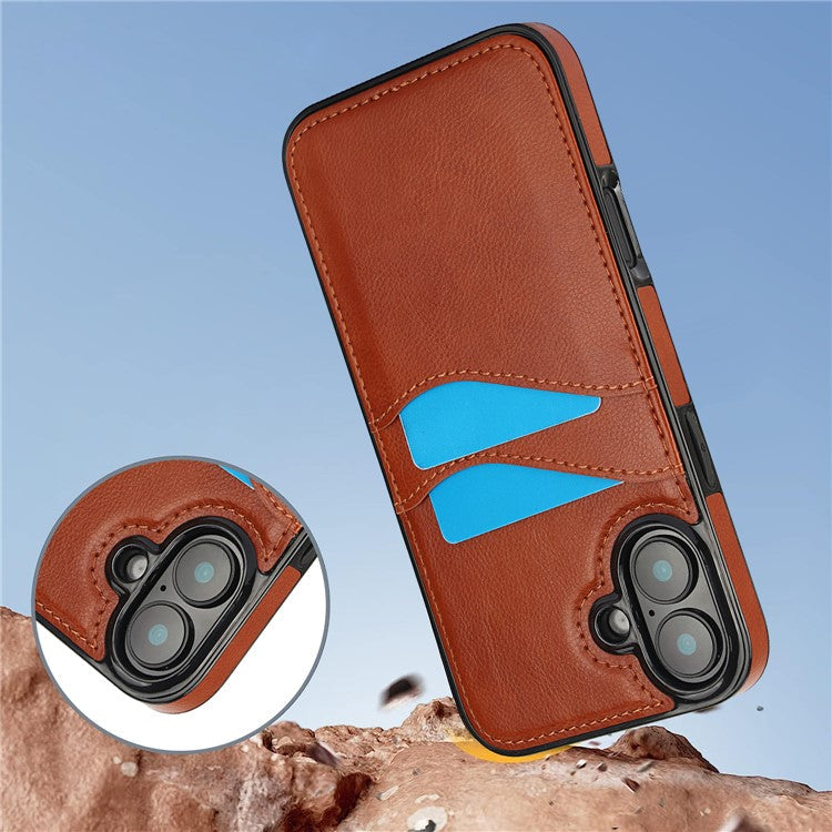 For iPhone 16 Case Card Slot Slim-Fit PU+TPU Mobile Cover - Brown