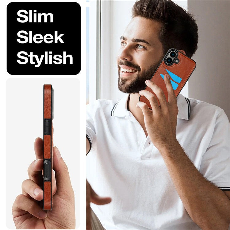 For iPhone 16 Case Card Slot Slim-Fit PU+TPU Mobile Cover - Brown