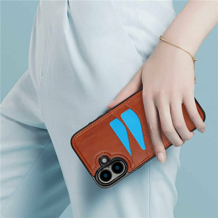 For iPhone 16 Case Card Slot Slim-Fit PU+TPU Mobile Cover - Brown