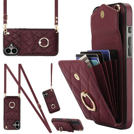 For iPhone 16 Plus Case Card Bag Leather+TPU Crossbody Phone Cover with Ring Kickstand - Wine Red