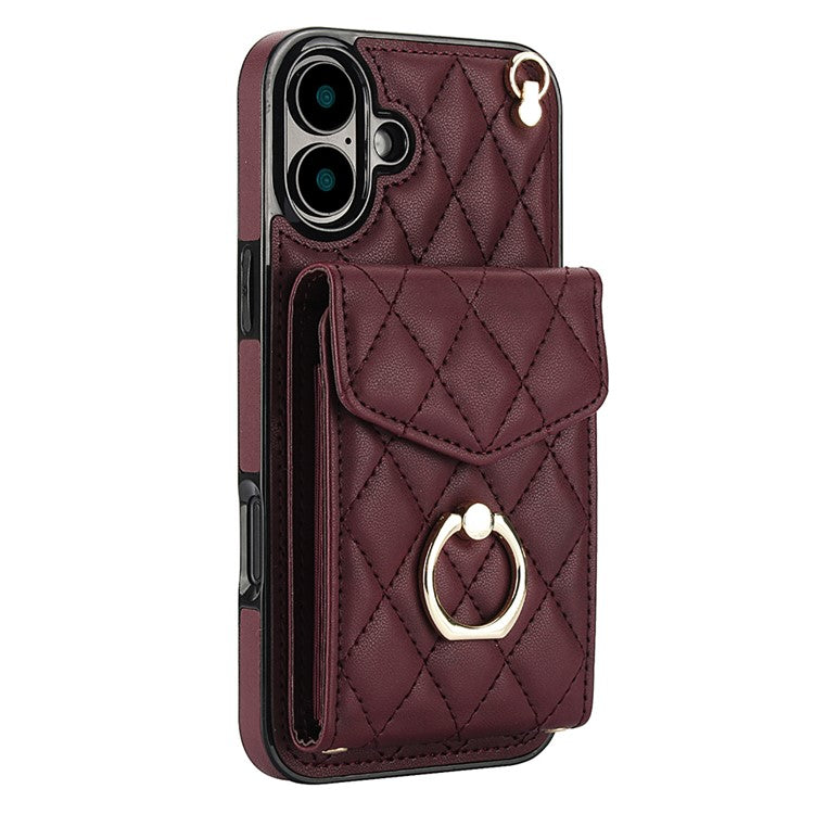 For iPhone 16 Plus Case Card Bag Leather+TPU Crossbody Phone Cover with Ring Kickstand - Wine Red