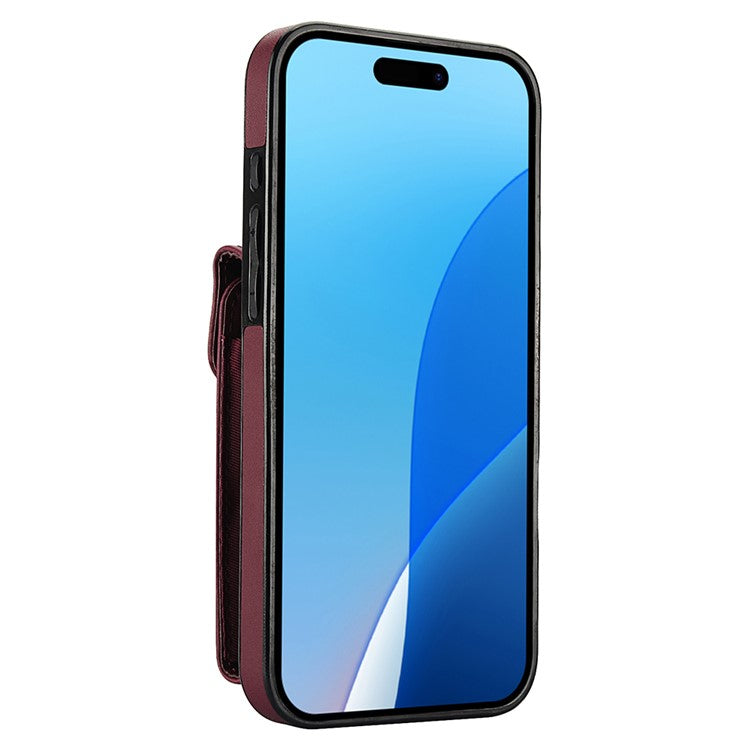 For iPhone 16 Plus Case Card Bag Leather+TPU Crossbody Phone Cover with Ring Kickstand - Wine Red