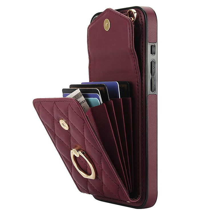 For iPhone 16 Plus Case Card Bag Leather+TPU Crossbody Phone Cover with Ring Kickstand - Wine Red