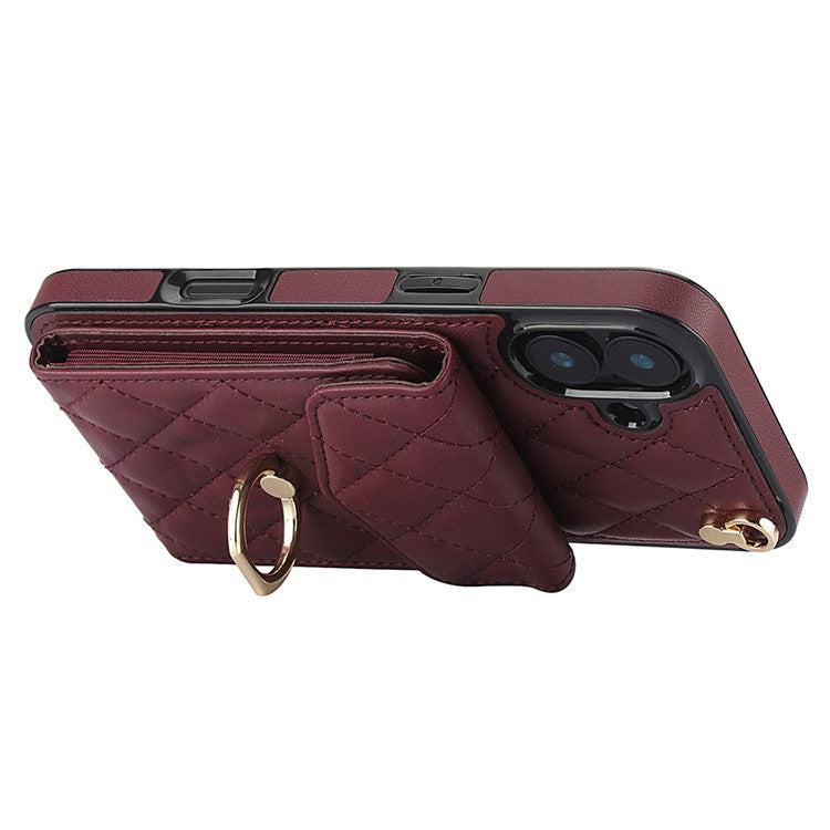 For iPhone 16 Plus Case Card Bag Leather+TPU Crossbody Phone Cover with Ring Kickstand - Wine Red