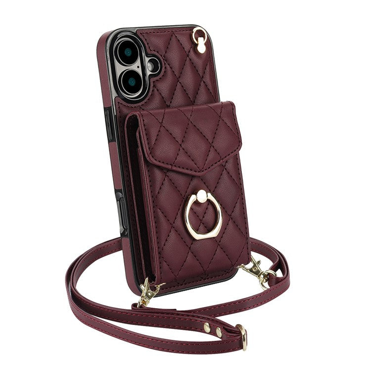 For iPhone 16 Plus Case Card Bag Leather+TPU Crossbody Phone Cover with Ring Kickstand - Wine Red