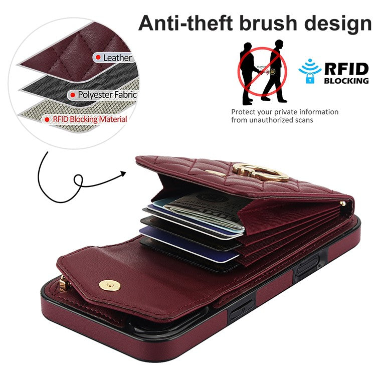 For iPhone 16 Plus Case Card Bag Leather+TPU Crossbody Phone Cover with Ring Kickstand - Wine Red