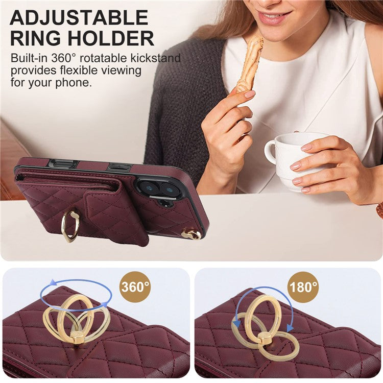 For iPhone 16 Plus Case Card Bag Leather+TPU Crossbody Phone Cover with Ring Kickstand - Wine Red