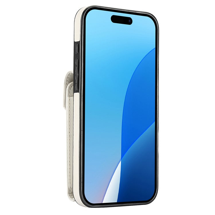 For iPhone 16 Case Card Bag Leather+TPU Crossbody Phone Cover with Ring Kickstand - Beige