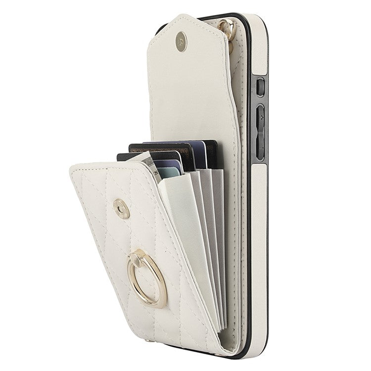 For iPhone 16 Case Card Bag Leather+TPU Crossbody Phone Cover with Ring Kickstand - Beige