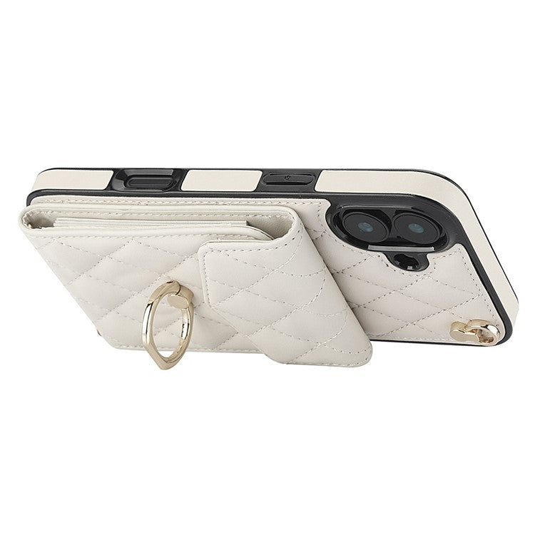 For iPhone 16 Case Card Bag Leather+TPU Crossbody Phone Cover with Ring Kickstand - Beige