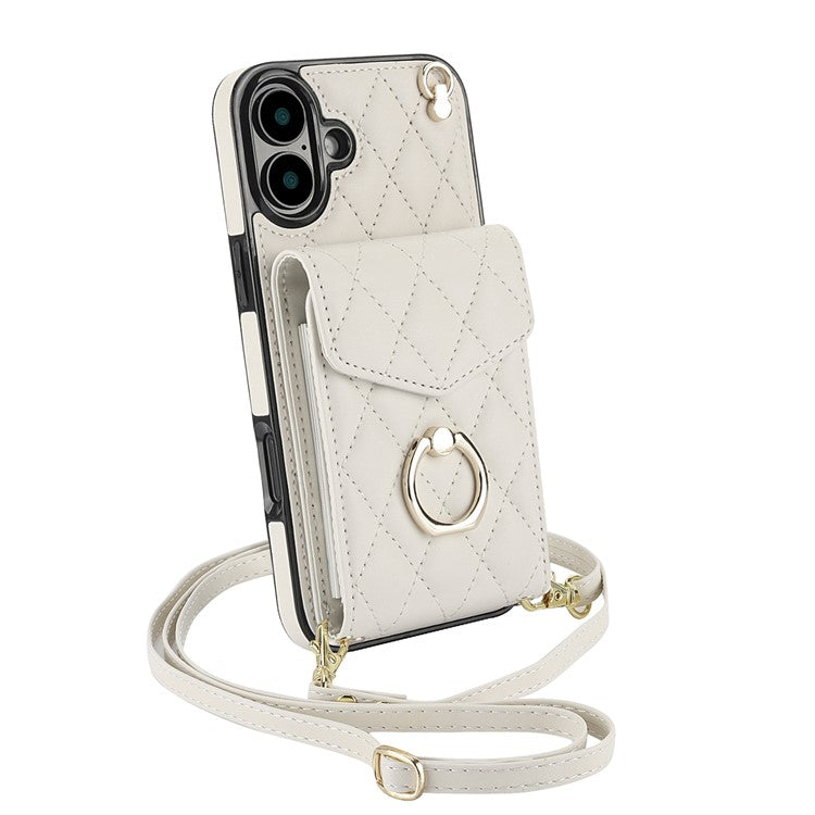 For iPhone 16 Case Card Bag Leather+TPU Crossbody Phone Cover with Ring Kickstand - Beige