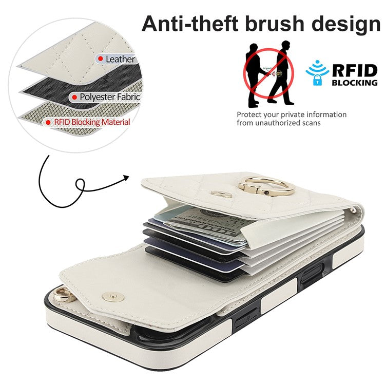 For iPhone 16 Case Card Bag Leather+TPU Crossbody Phone Cover with Ring Kickstand - Beige