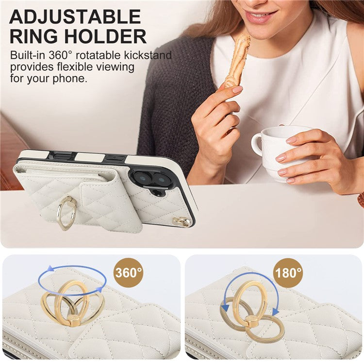 For iPhone 16 Case Card Bag Leather+TPU Crossbody Phone Cover with Ring Kickstand - Beige