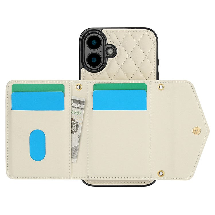 For iPhone 16 Case Card Holders RFID Blocking PU Leather+TPU Phone Cover with Shoulder Strap - White