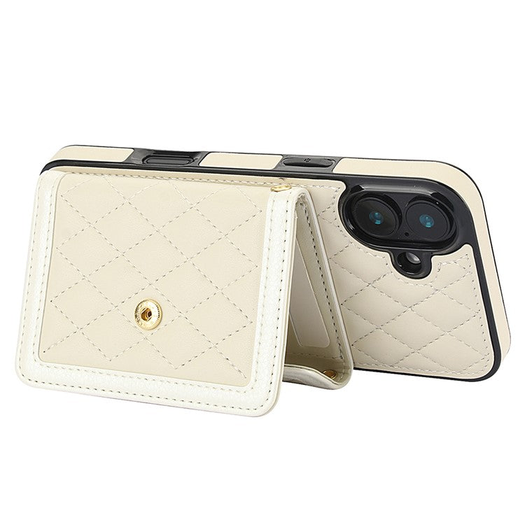 For iPhone 16 Case Card Holders RFID Blocking PU Leather+TPU Phone Cover with Shoulder Strap - White