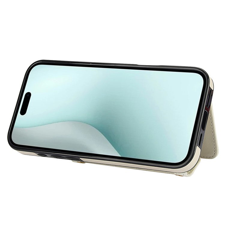 For iPhone 16 Case Card Holders RFID Blocking PU Leather+TPU Phone Cover with Shoulder Strap - White