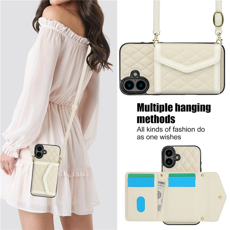 For iPhone 16 Case Card Holders RFID Blocking PU Leather+TPU Phone Cover with Shoulder Strap - White