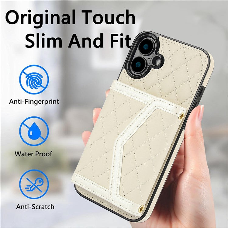 For iPhone 16 Case Card Holders RFID Blocking PU Leather+TPU Phone Cover with Shoulder Strap - White