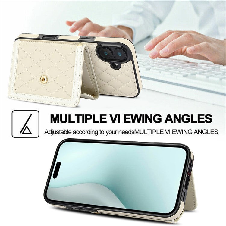 For iPhone 16 Case Card Holders RFID Blocking PU Leather+TPU Phone Cover with Shoulder Strap - White