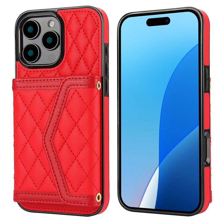 For iPhone 16 Pro Case Card Holders RFID Blocking PU Leather+TPU Phone Cover with Shoulder Strap - Red