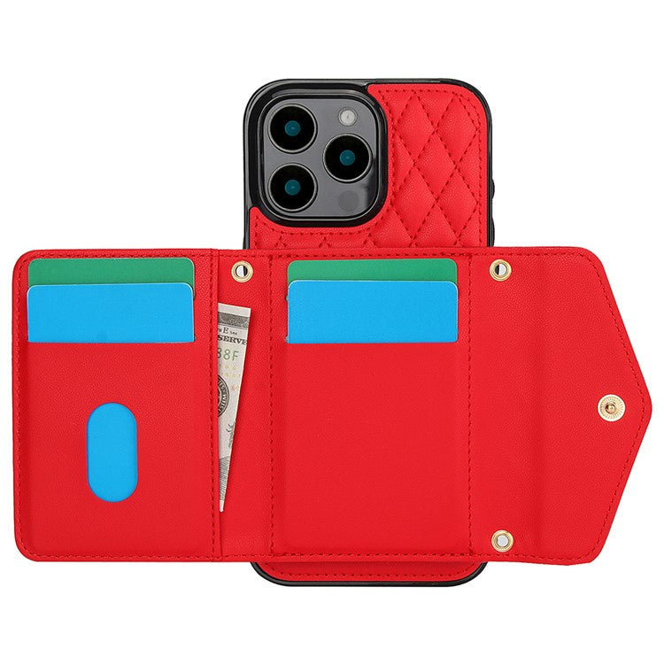 For iPhone 16 Pro Case Card Holders RFID Blocking PU Leather+TPU Phone Cover with Shoulder Strap - Red
