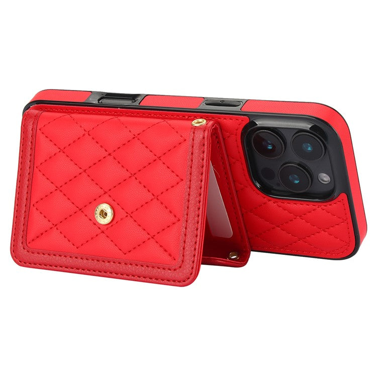 For iPhone 16 Pro Case Card Holders RFID Blocking PU Leather+TPU Phone Cover with Shoulder Strap - Red