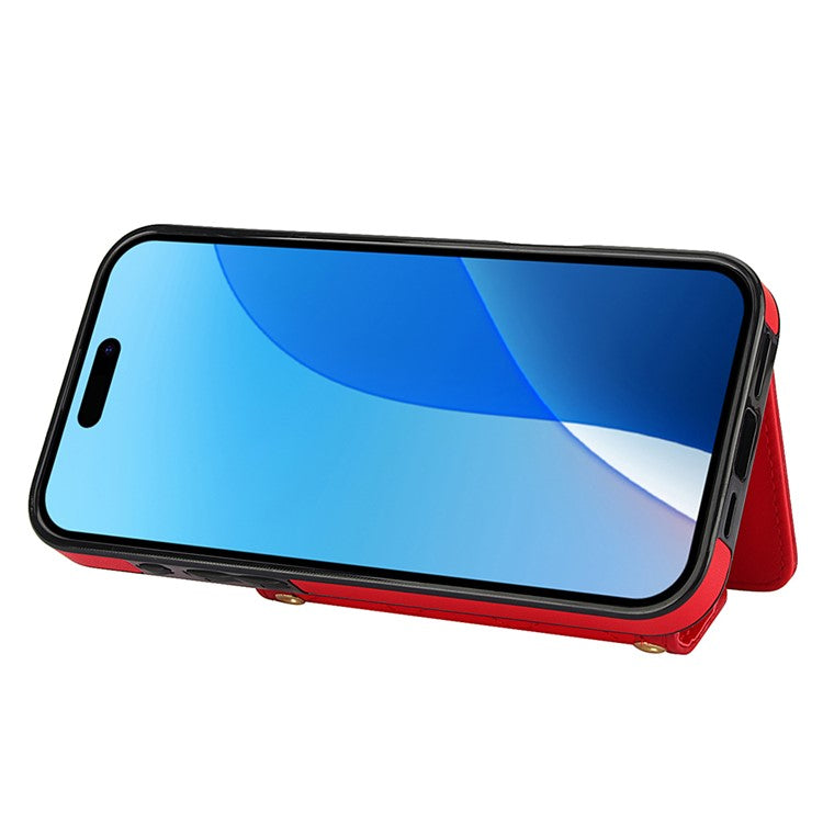 For iPhone 16 Pro Case Card Holders RFID Blocking PU Leather+TPU Phone Cover with Shoulder Strap - Red