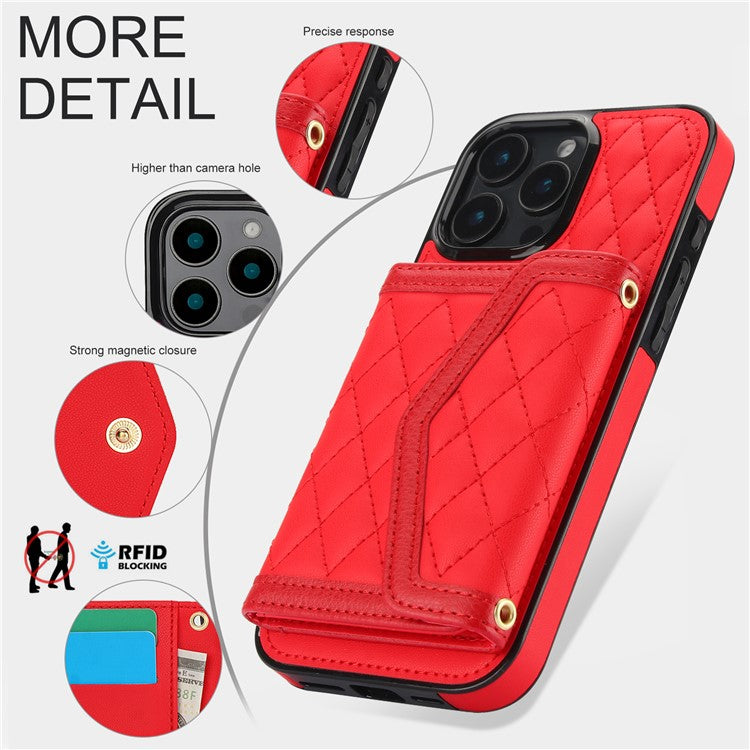 For iPhone 16 Pro Case Card Holders RFID Blocking PU Leather+TPU Phone Cover with Shoulder Strap - Red
