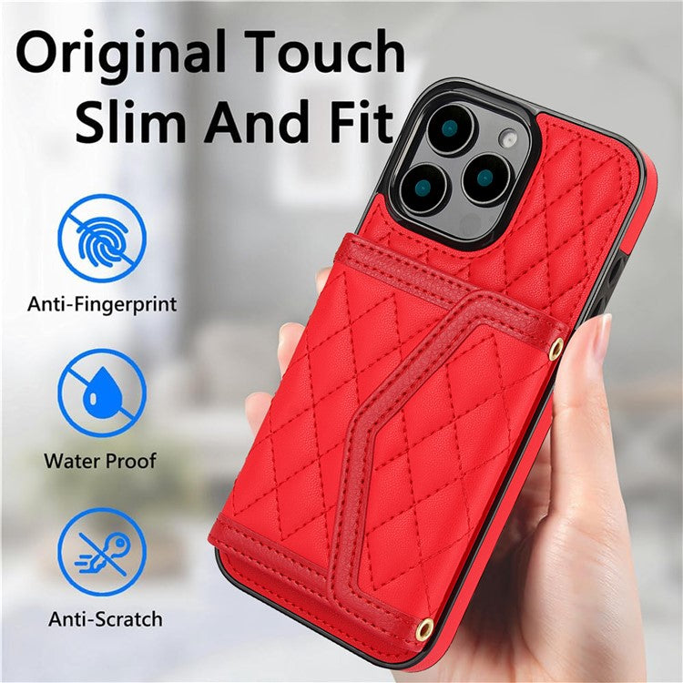 For iPhone 16 Pro Case Card Holders RFID Blocking PU Leather+TPU Phone Cover with Shoulder Strap - Red