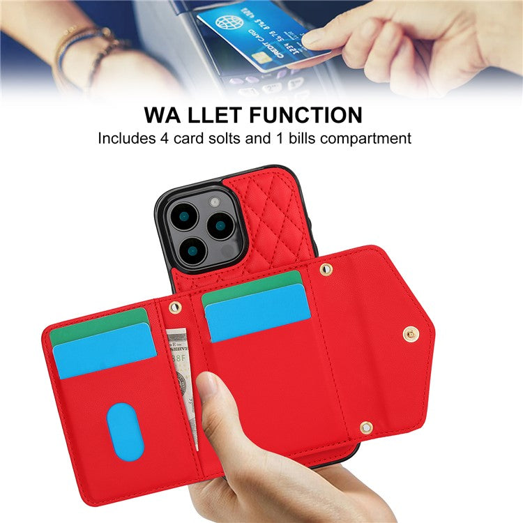 For iPhone 16 Pro Case Card Holders RFID Blocking PU Leather+TPU Phone Cover with Shoulder Strap - Red