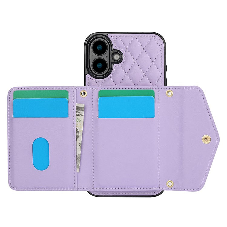 For iPhone 16 Plus Case Card Holders RFID Blocking PU Leather+TPU Phone Cover with Shoulder Strap - Purple