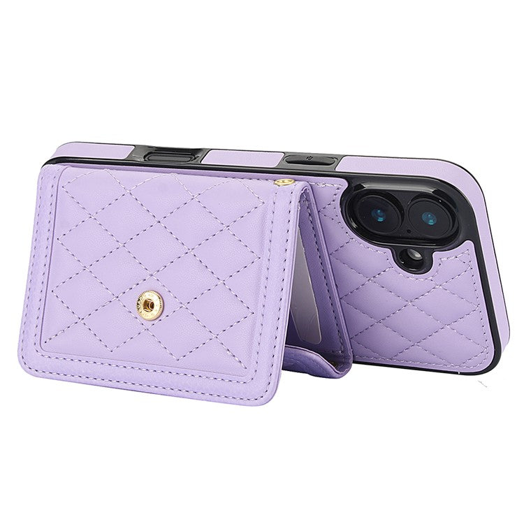 For iPhone 16 Plus Case Card Holders RFID Blocking PU Leather+TPU Phone Cover with Shoulder Strap - Purple