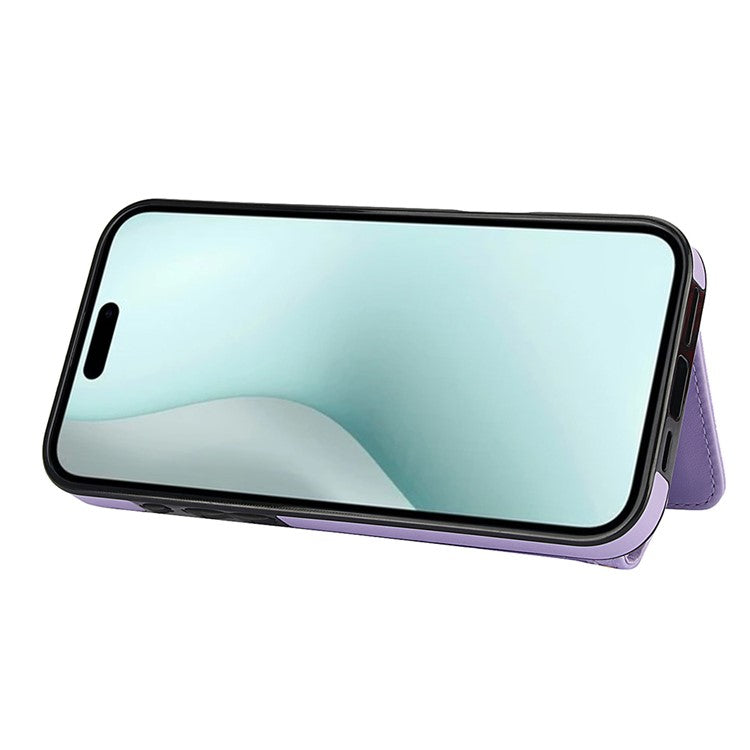 For iPhone 16 Plus Case Card Holders RFID Blocking PU Leather+TPU Phone Cover with Shoulder Strap - Purple