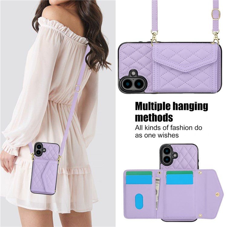 For iPhone 16 Plus Case Card Holders RFID Blocking PU Leather+TPU Phone Cover with Shoulder Strap - Purple
