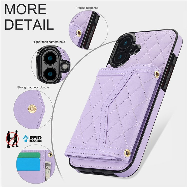 For iPhone 16 Plus Case Card Holders RFID Blocking PU Leather+TPU Phone Cover with Shoulder Strap - Purple