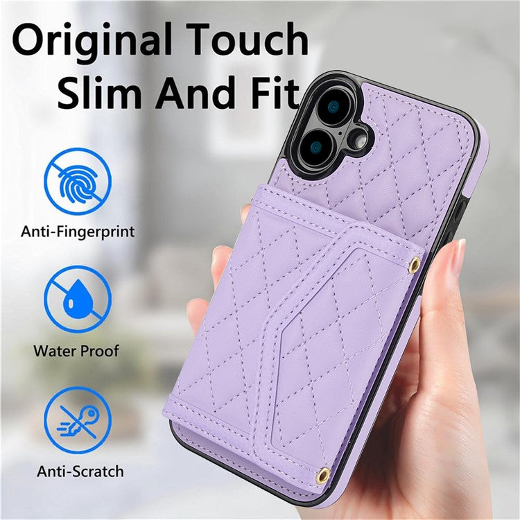 For iPhone 16 Plus Case Card Holders RFID Blocking PU Leather+TPU Phone Cover with Shoulder Strap - Purple