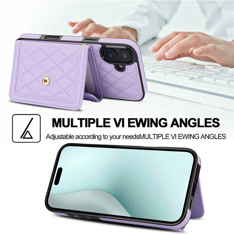 For iPhone 16 Plus Case Card Holders RFID Blocking PU Leather+TPU Phone Cover with Shoulder Strap - Purple