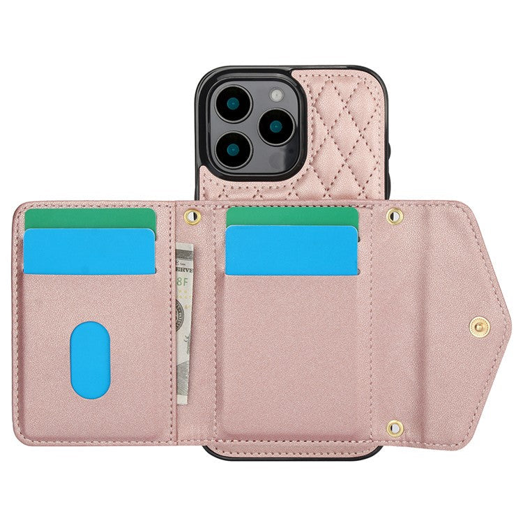For iPhone 16 Pro Max Case Card Holders RFID Blocking PU Leather+TPU Phone Cover with Shoulder Strap - Rose Gold