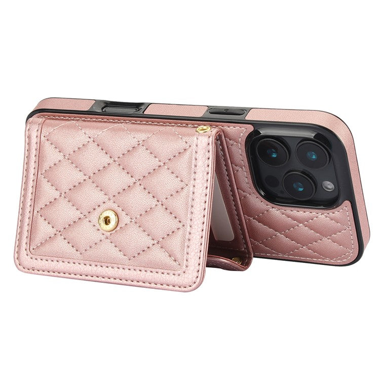 For iPhone 16 Pro Max Case Card Holders RFID Blocking PU Leather+TPU Phone Cover with Shoulder Strap - Rose Gold
