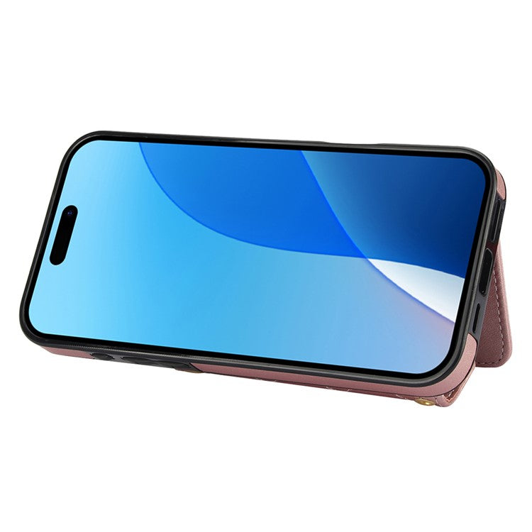 For iPhone 16 Pro Max Case Card Holders RFID Blocking PU Leather+TPU Phone Cover with Shoulder Strap - Rose Gold