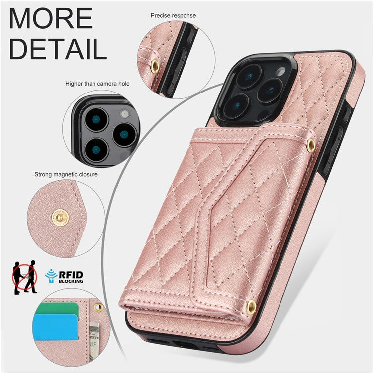 For iPhone 16 Pro Max Case Card Holders RFID Blocking PU Leather+TPU Phone Cover with Shoulder Strap - Rose Gold