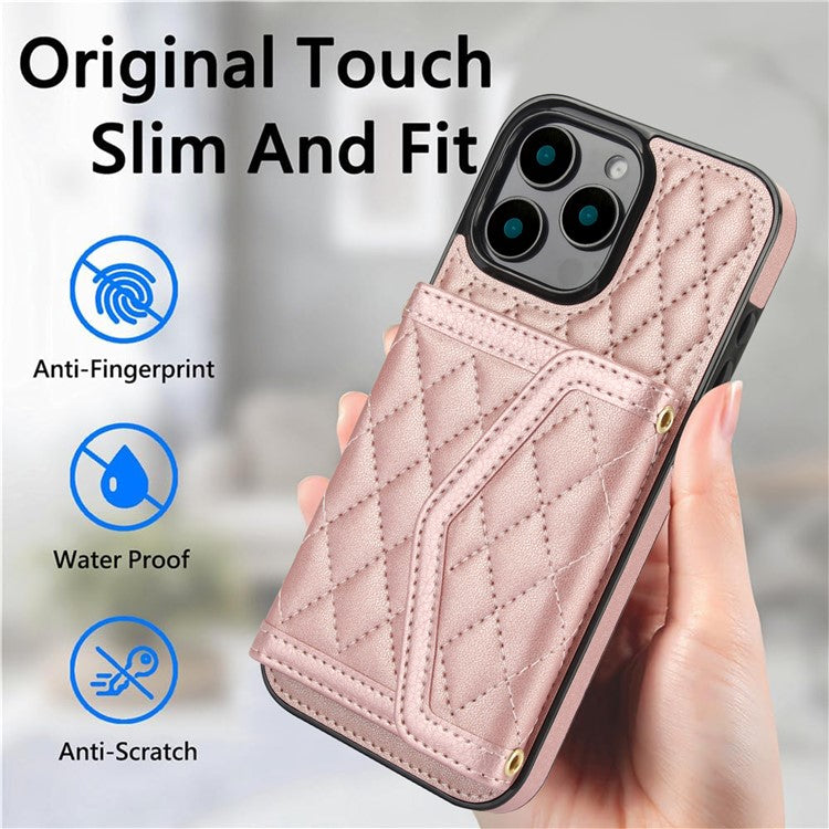 For iPhone 16 Pro Max Case Card Holders RFID Blocking PU Leather+TPU Phone Cover with Shoulder Strap - Rose Gold
