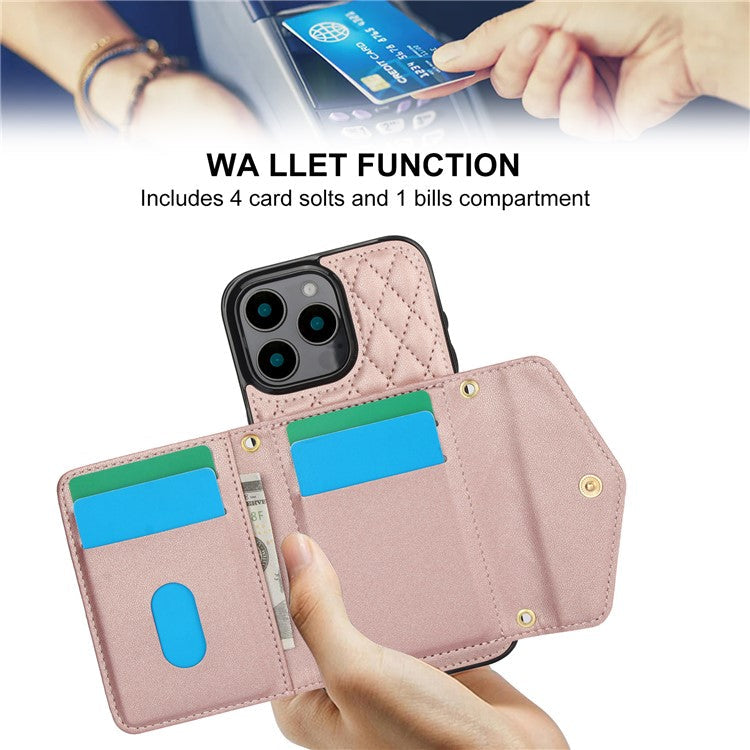 For iPhone 16 Pro Max Case Card Holders RFID Blocking PU Leather+TPU Phone Cover with Shoulder Strap - Rose Gold