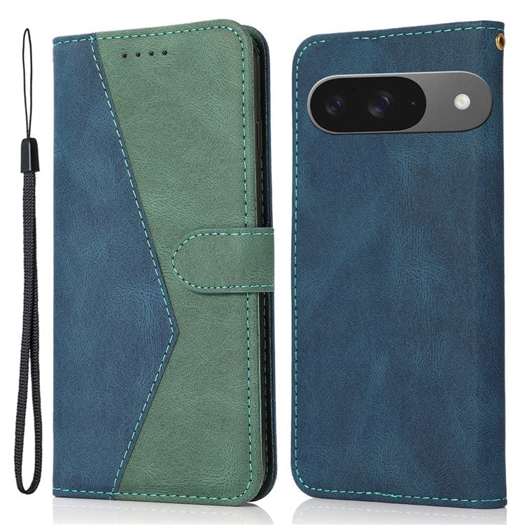 For Google Pixel 9 / Pixel 9 Pro Cover Color Splicing Wallet Stand Leather Phone Case with Wrist Strap - Blue+Green