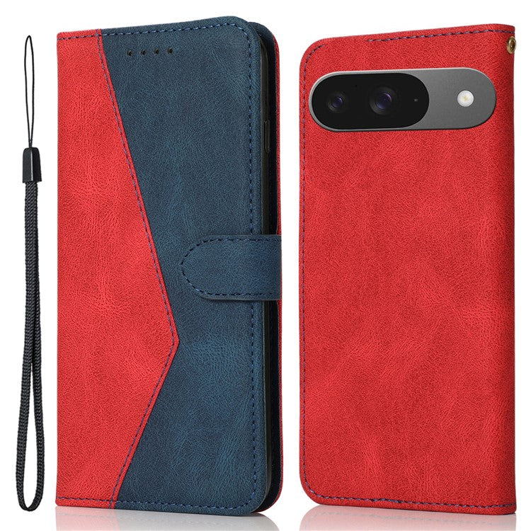 For Google Pixel 9 / Pixel 9 Pro Cover Color Splicing Wallet Stand Leather Phone Case with Wrist Strap - Red+Blue
