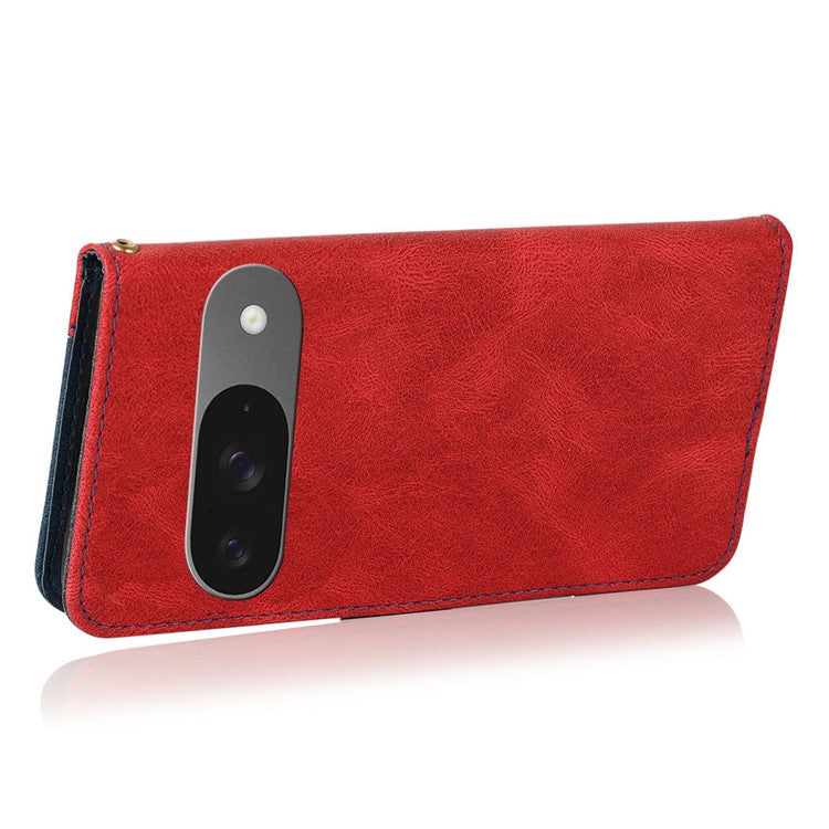 For Google Pixel 9 / Pixel 9 Pro Cover Color Splicing Wallet Stand Leather Phone Case with Wrist Strap - Red+Blue