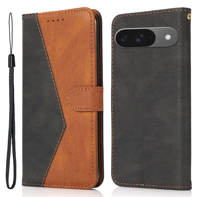 For Google Pixel 9 / Pixel 9 Pro Cover Color Splicing Wallet Stand Leather Phone Case with Wrist Strap - Black+Brown