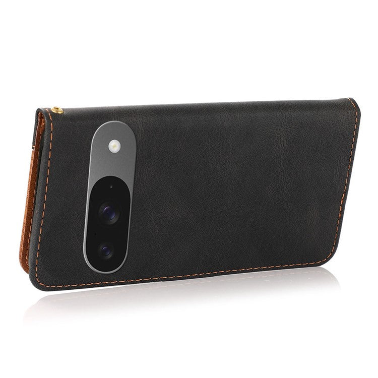 For Google Pixel 9 / Pixel 9 Pro Cover Color Splicing Wallet Stand Leather Phone Case with Wrist Strap - Black+Brown